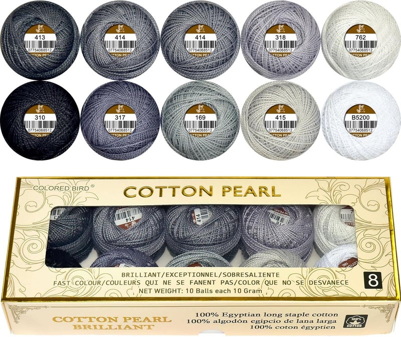 colored bird Double Mercerized Egyptian Long Staple Cotton Pearl Thread Ball 10 Grams Rainbow Color Embroidery Thread 10 Colors per Box for Crochet Hardanger Cross Stitch Hand Embroidery,Grey Series - Image 1